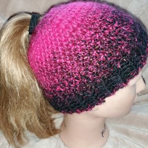 Crocheted small messy bun beanie